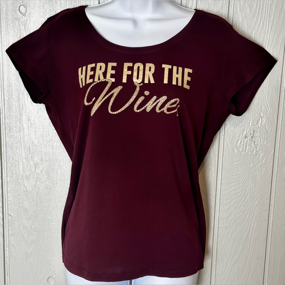 New York & Company Burgundy Rhinestone ‘Here For The Wine’ 100% Cotton Tee
